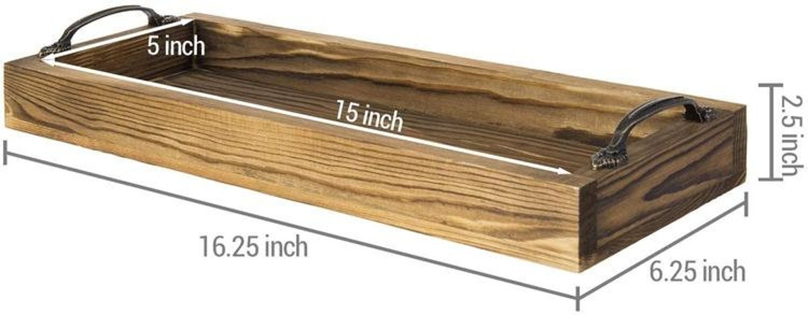 16-inch Dark Brown Burnt Wood Rectangular Tray, Bathroom Vanity Tray with Brass Metal Handles VB557