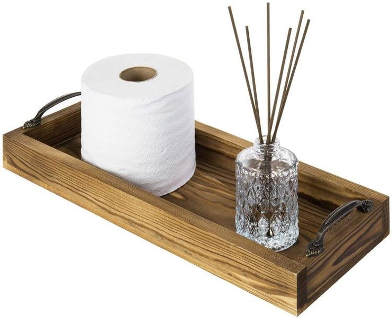 16-inch Dark Brown Burnt Wood Rectangular Tray, Bathroom Vanity Tray with Brass Metal Handles VB557