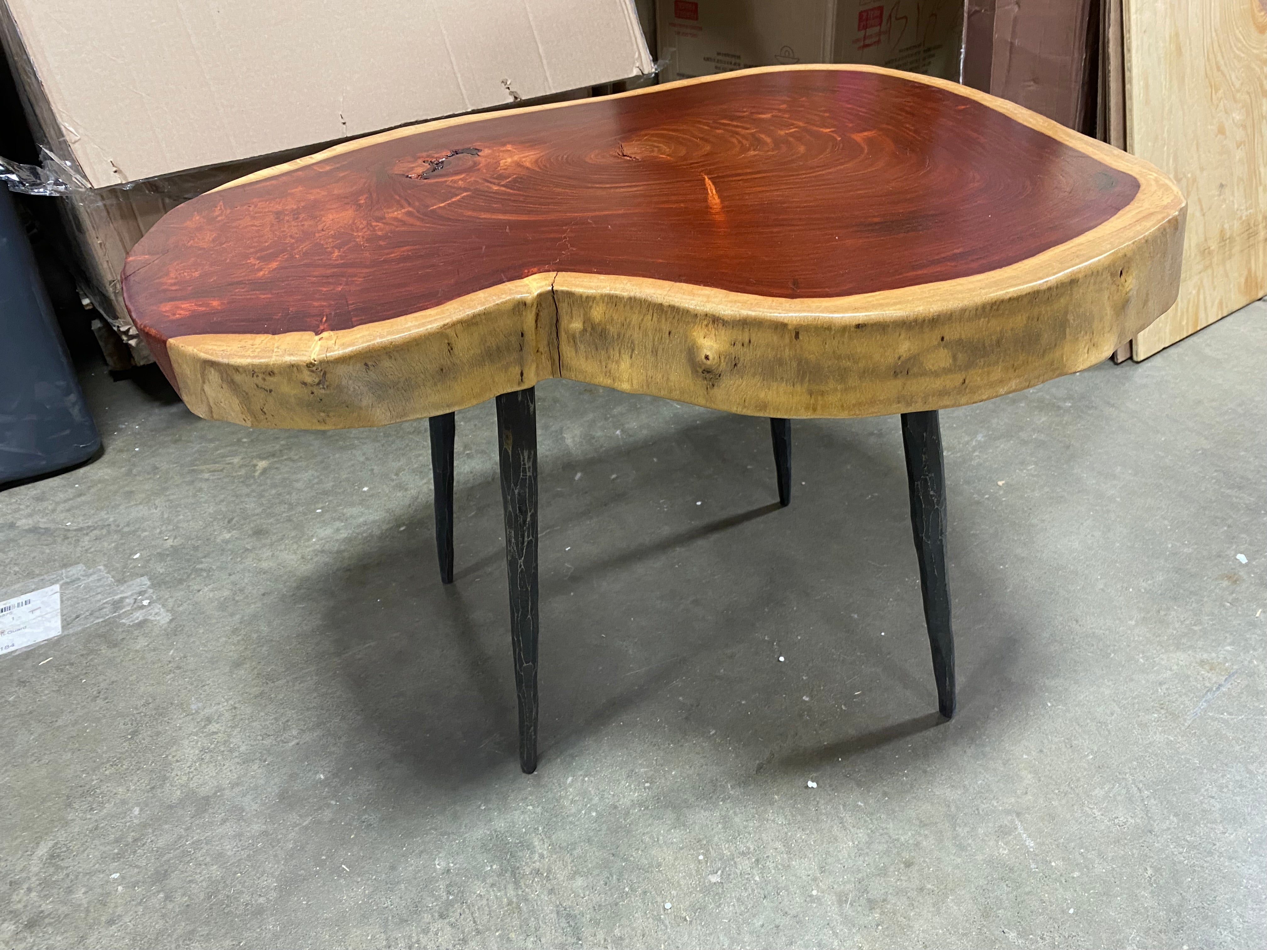 Makha burled wood coffee table, forged legs