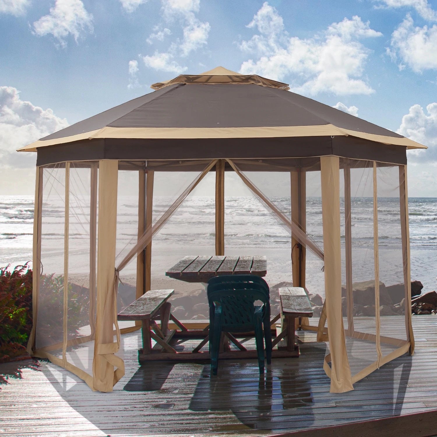 12’ x 10’ Hexagon Outdoor Pop-Up Gazebo with Mosquito Netting