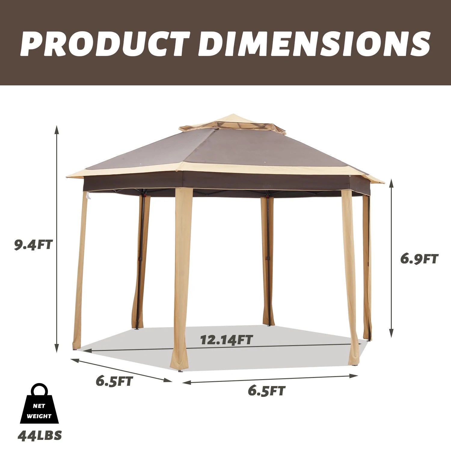12’ x 10’ Hexagon Outdoor Pop-Up Gazebo with Mosquito Netting