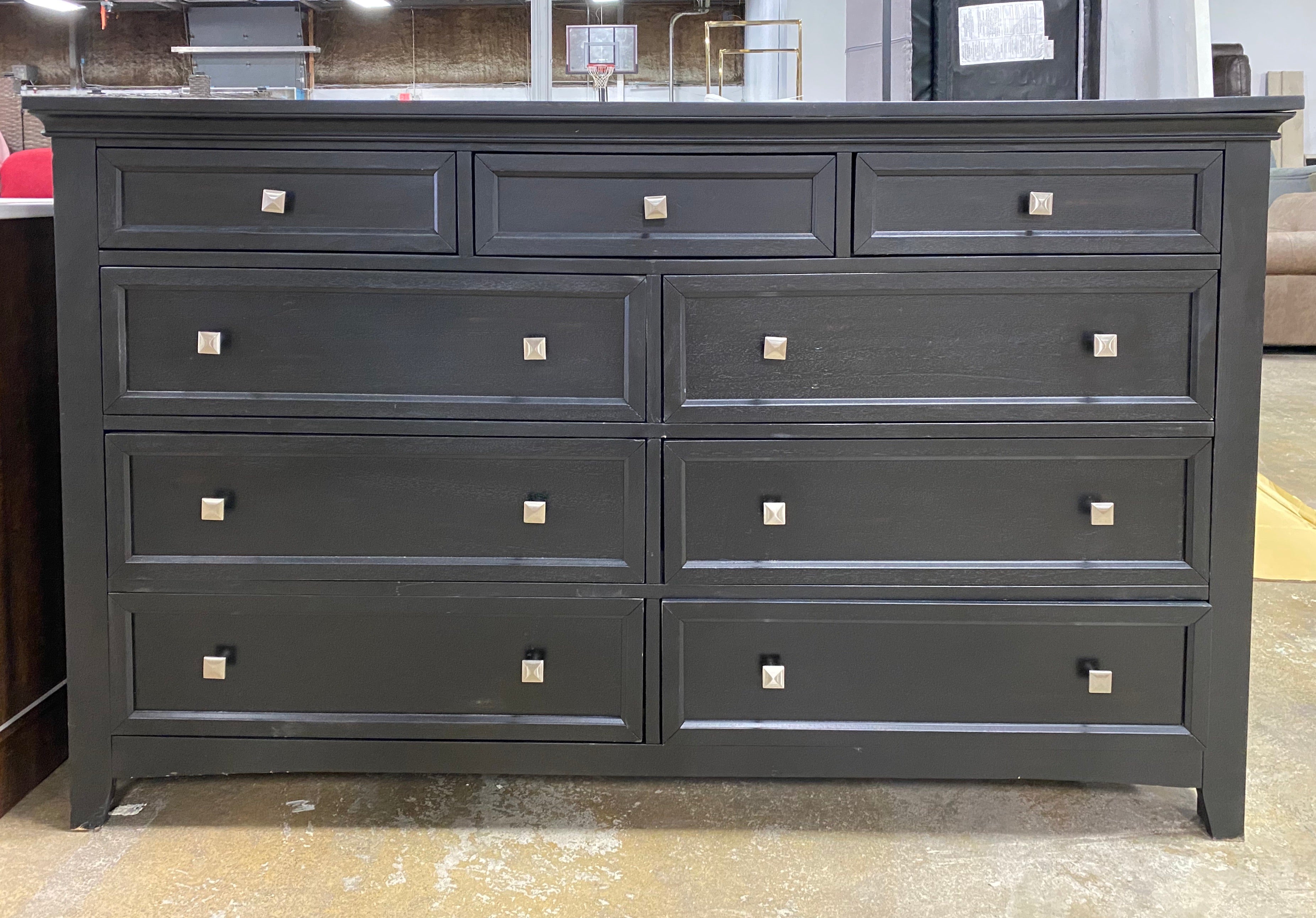 Black Woodside 9-Drawer Dresser with Silver Finished Knobs Salvage & Co Indy Black Woodside 9-Drawer Dresser with Silver Finished Knobs Salvage & Co Indy