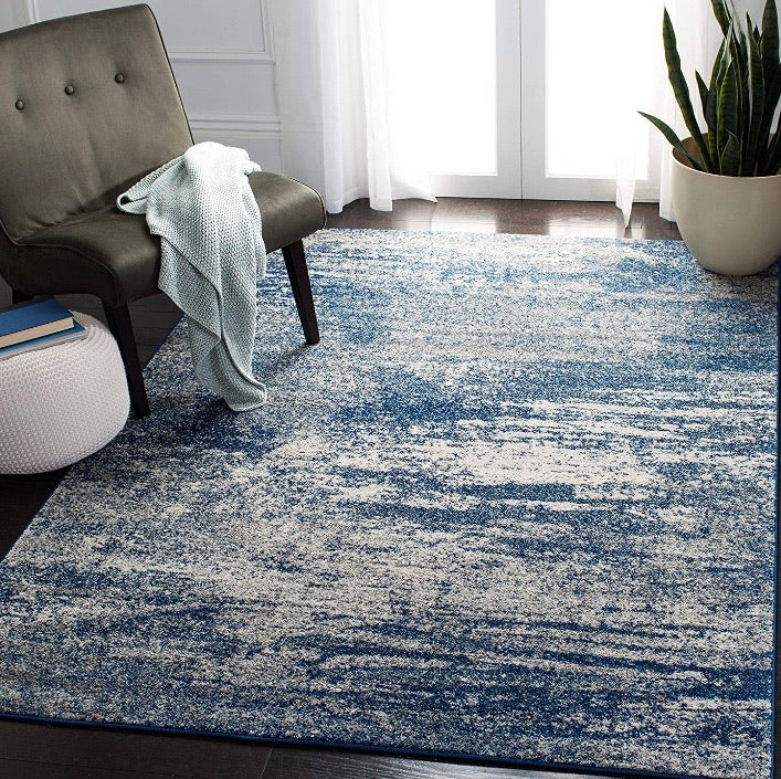 (9' x 12') Distressed Modern Abstract Navy and Ivory Area Rug CG311