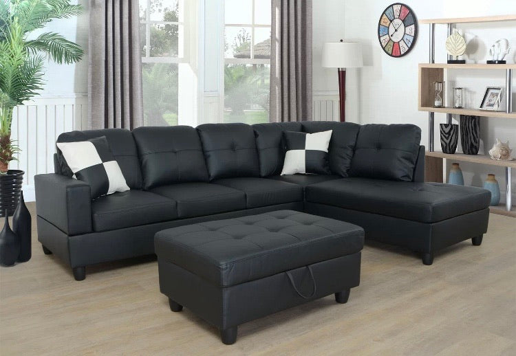 Aba 103.5" Right Facing Faux Leather Sofa & Chaise with Ottoman
