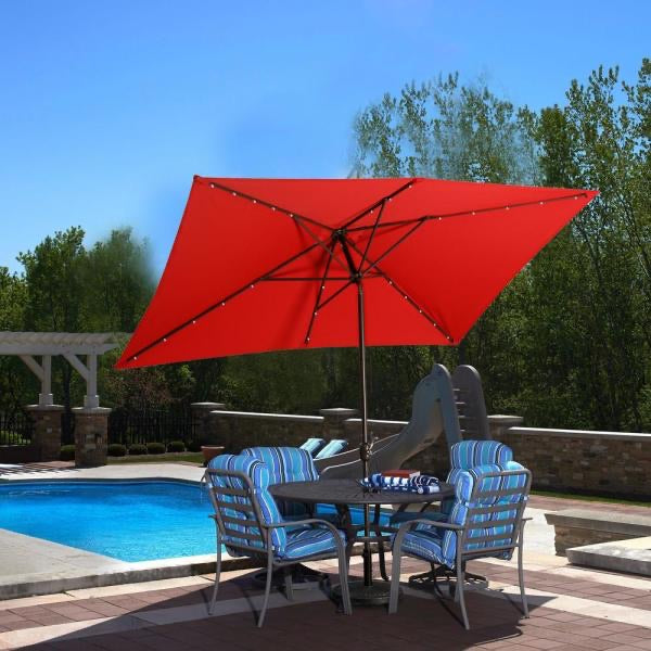 10' x 6.5' Aluminum Rectangular LED Patio Umbrella, Red (#K5852)