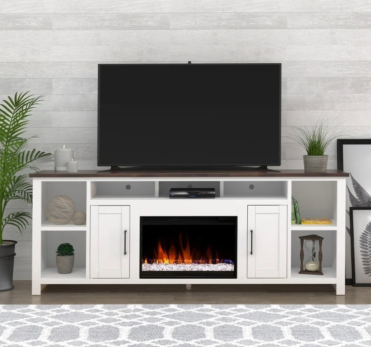 86-inch White Rustic Media TV Stand w/ Electric Fireplace