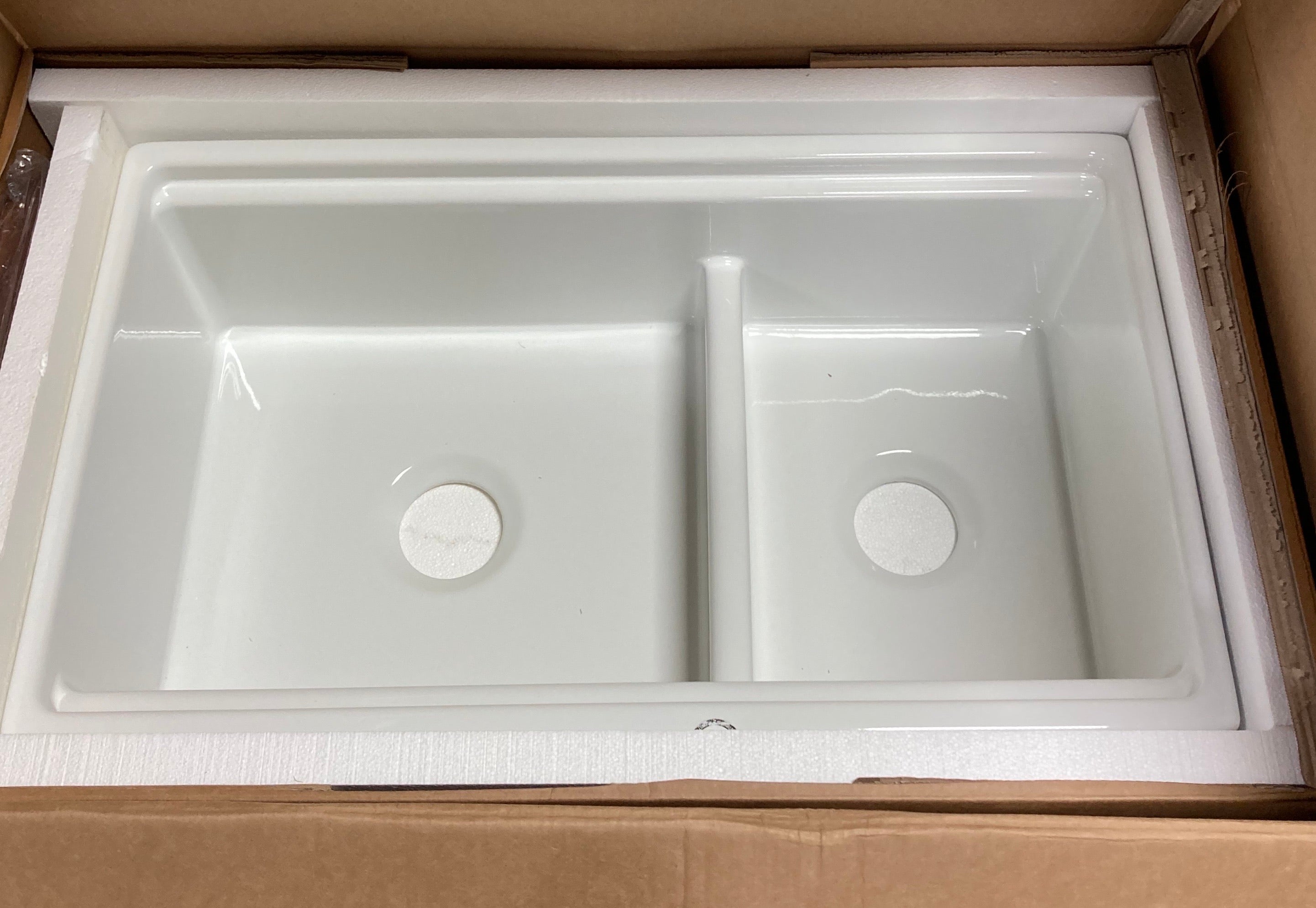 White 33" L x 20" W Double Basin Farmhouse/Apron Kitchen Sink with Cutting Board, White (#K6345)