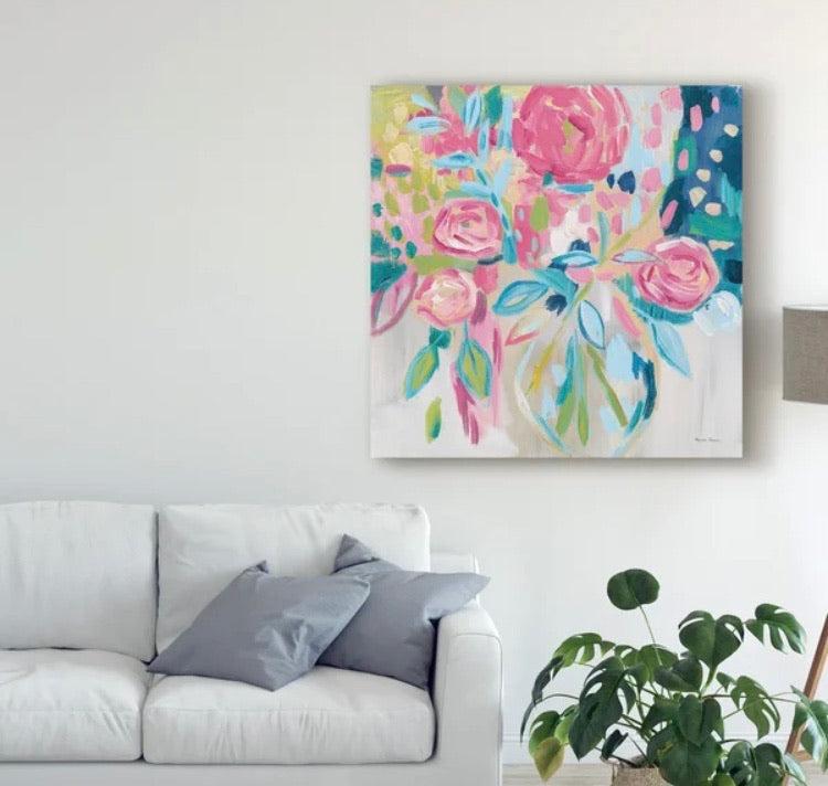 35" x 35" 'Summer Pink Floral' Acrylic Painting Print on Wrapped Canvas CG1796