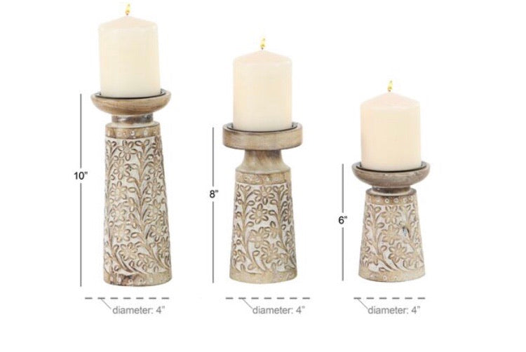3 Piece Carved Floral Iron and Wood Candlestick Set CG634