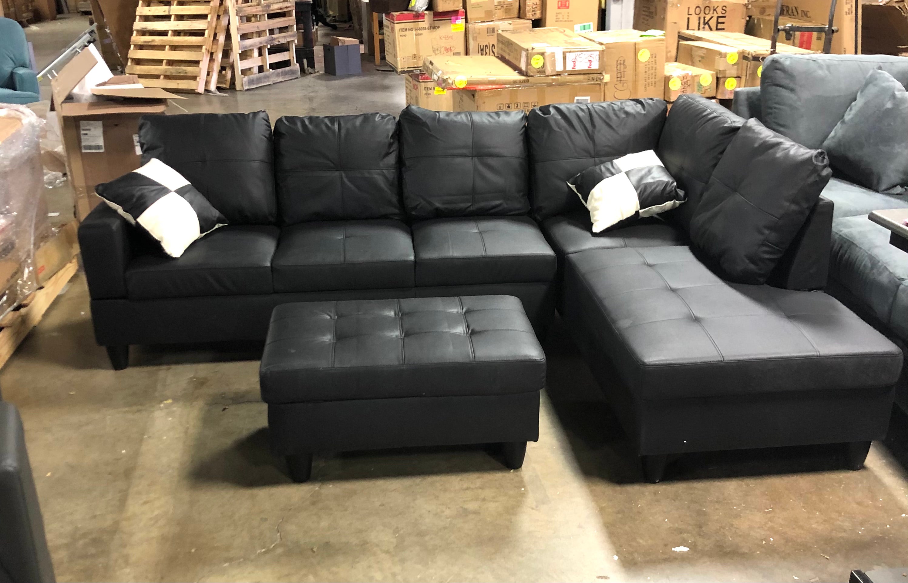 Aba 103.5" Right Facing Faux Leather Sofa & Chaise with Ottoman
