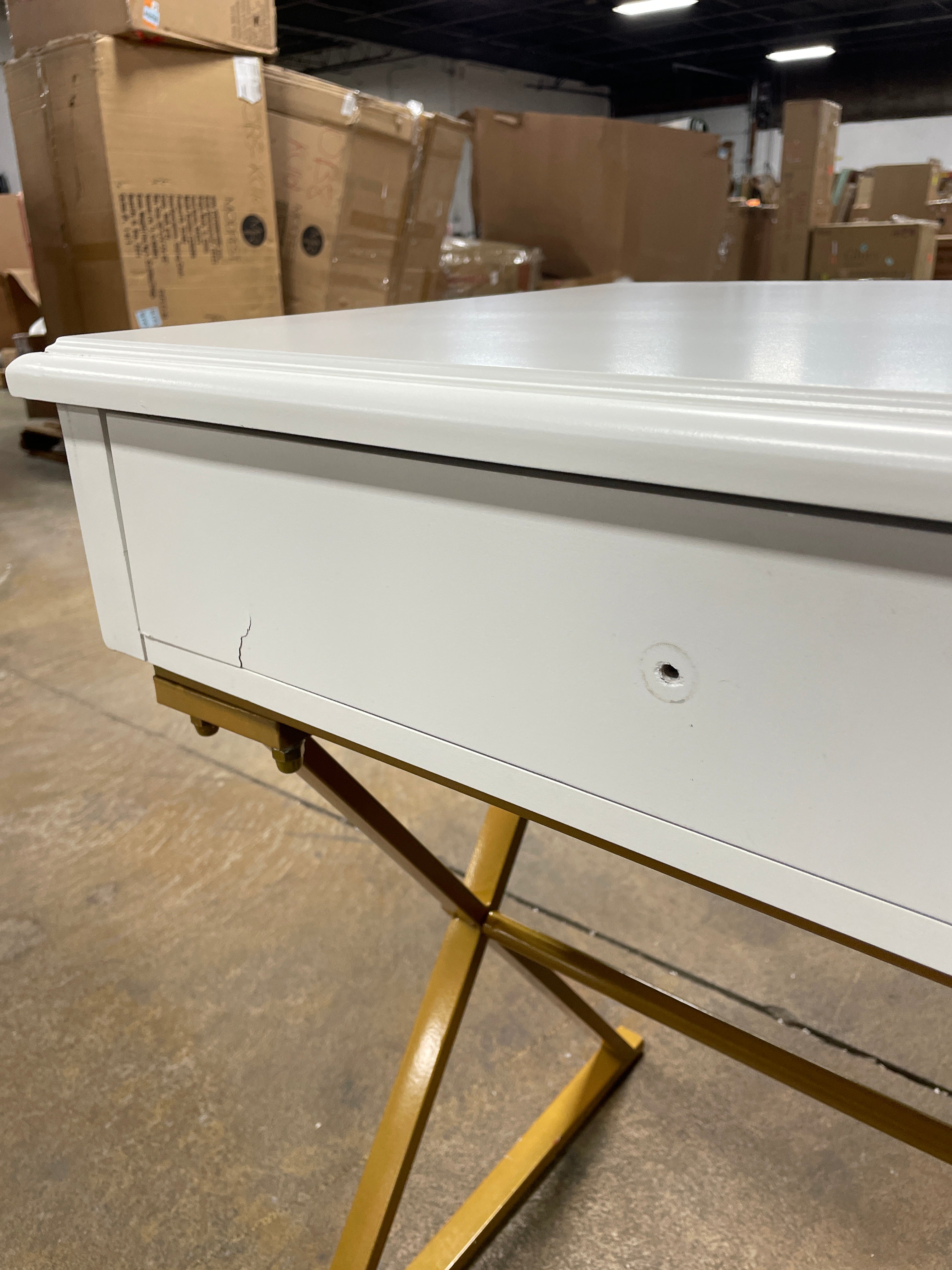 Rectangular White/Gold 2 Drawer Writing Desk with Built-In Storage