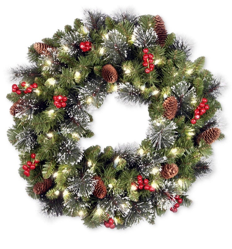24Crestwood Spruce Wreath With Silver Bristle, Pine Cones, Berries, Glitter & 50 LED Lights CG1850