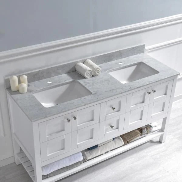 Basildon 61 in. W x 22 in. D Double Basin Carrara Marble Vanity Top in Carrara White with White Vitreous China Basins CL828