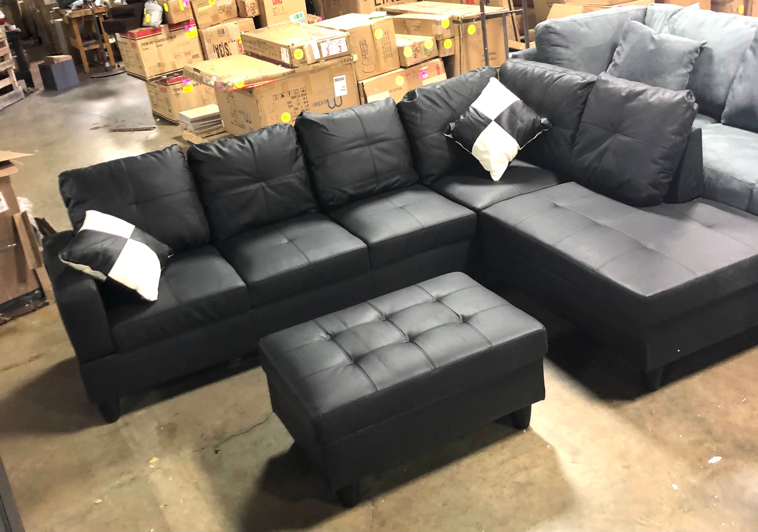 Aba 103.5" Right Facing Faux Leather Sofa & Chaise with Ottoman