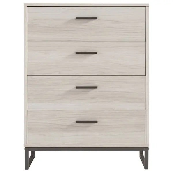 (AS IS) 4 Drawer Wooden Chest with Metal Legs, Antique White and Gray