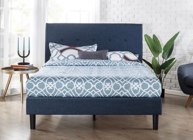 Queen Navy Blue Jed Button Detailed Upholstered Platform Bed CG920