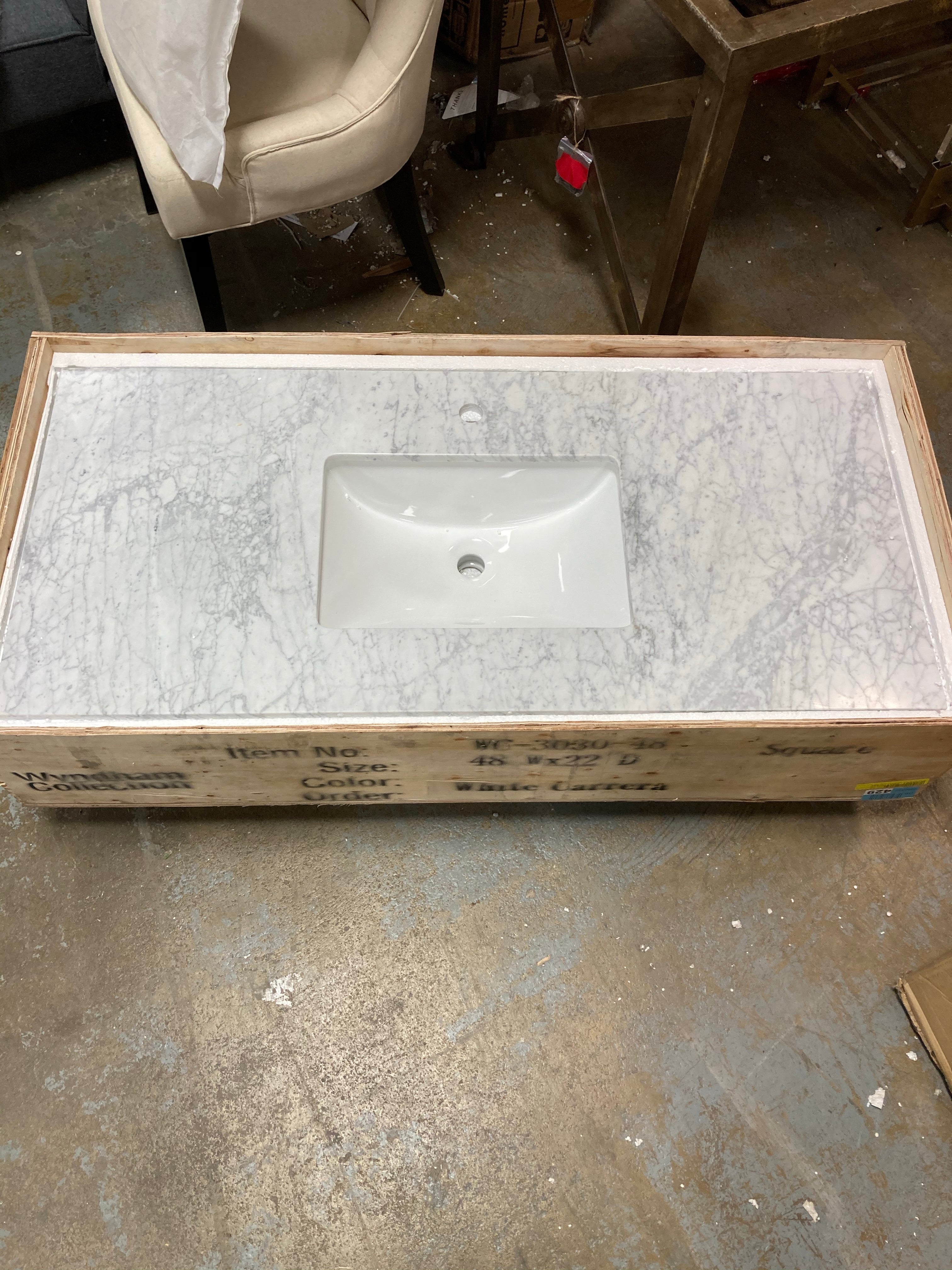 48" x 22" Carrara Marble Vanity Top with Square Undermount Sink (#K5164)