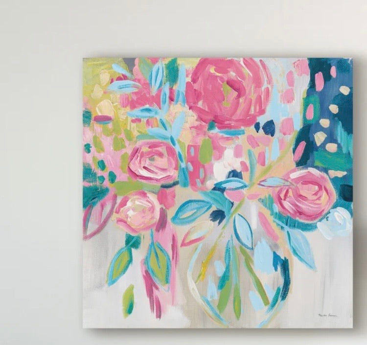 35" x 35" 'Summer Pink Floral' Acrylic Painting Print on Wrapped Canvas CG1796