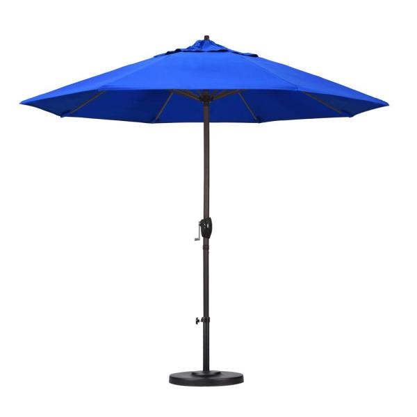 9 ft. Bronze Aluminum Pole Market Aluminum Ribs Auto Tilt Crank Lift Patio Umbrella in Pacific Blue Sunbrella