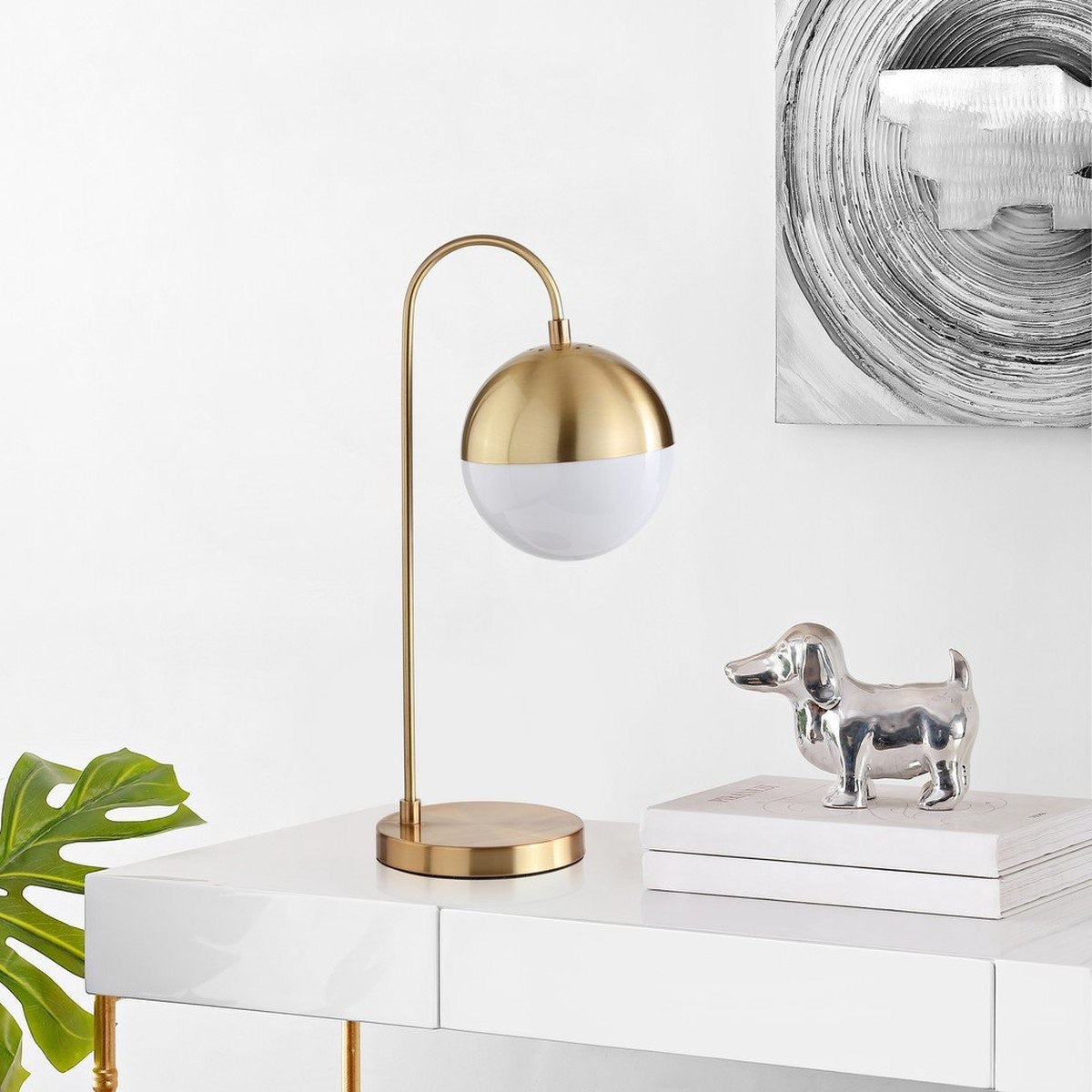 Cappi 20.5 in. Brass Gold Arc Table Lamp with Gold Sphere Shade CG1414