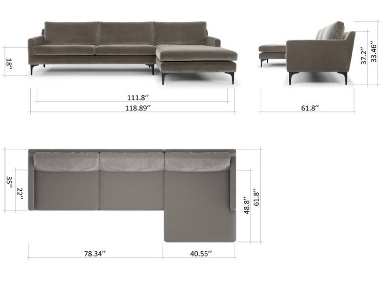 Vincent 119" Velvet Right-Facing Sectional in Sapphire Gray