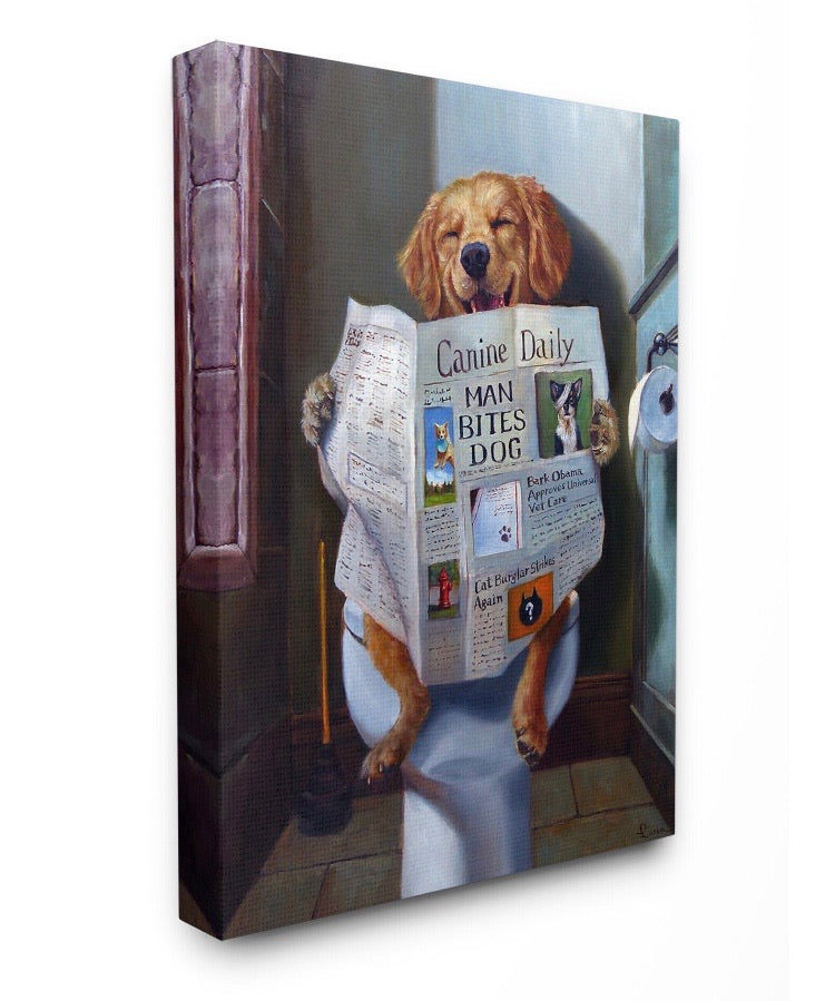 20x16" Dog Reading the Newspaper On Toilet Funny CG1126
