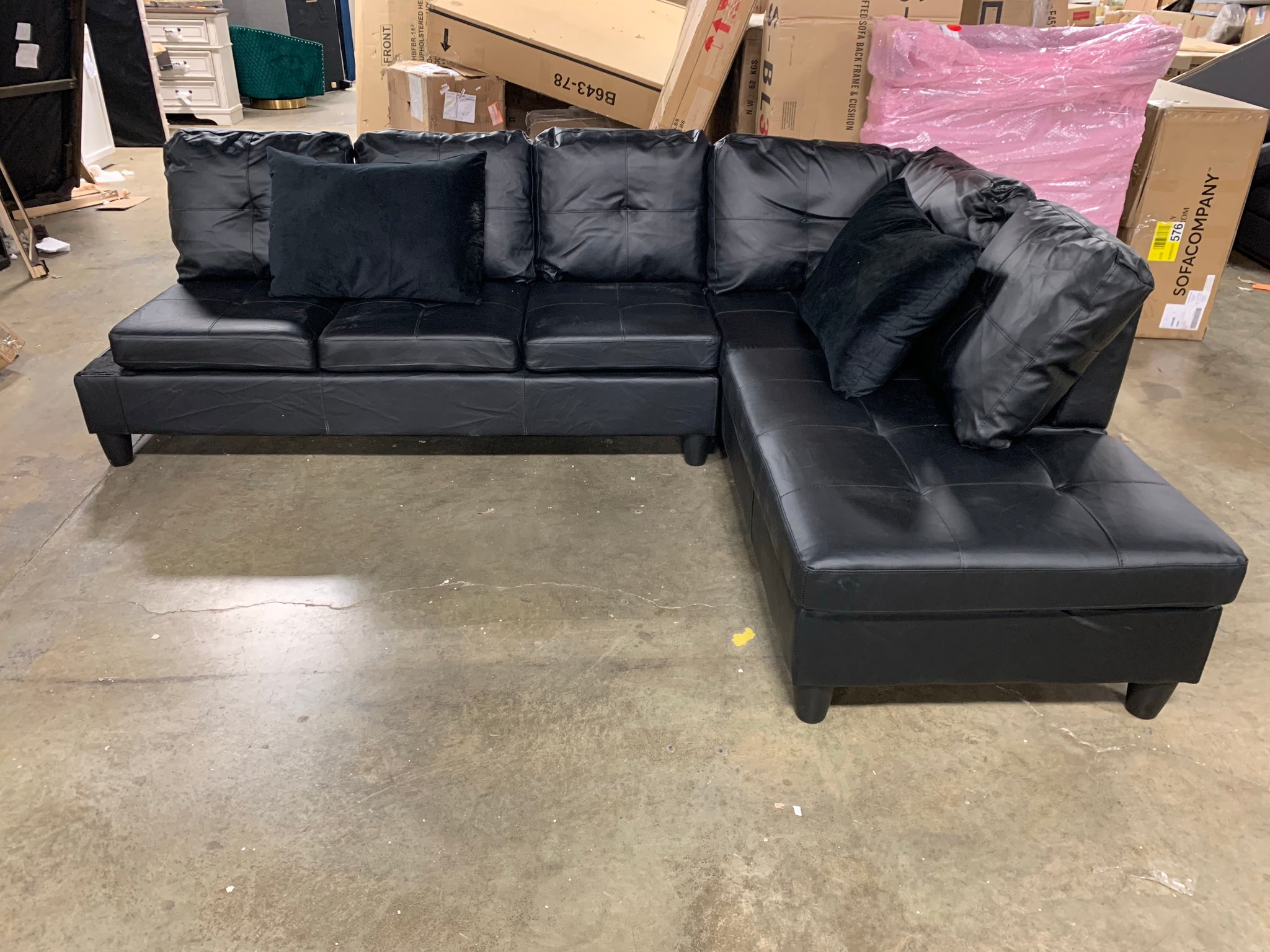 Black Faux Leather Sectional Sofa Bed With Left Facing Storage Chaise ...