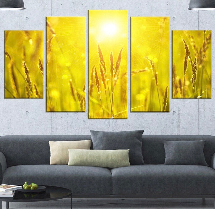 'Yellow Grass Flower at Sunset' Landscape Artwork Glossy Metal Wall Art CG1517