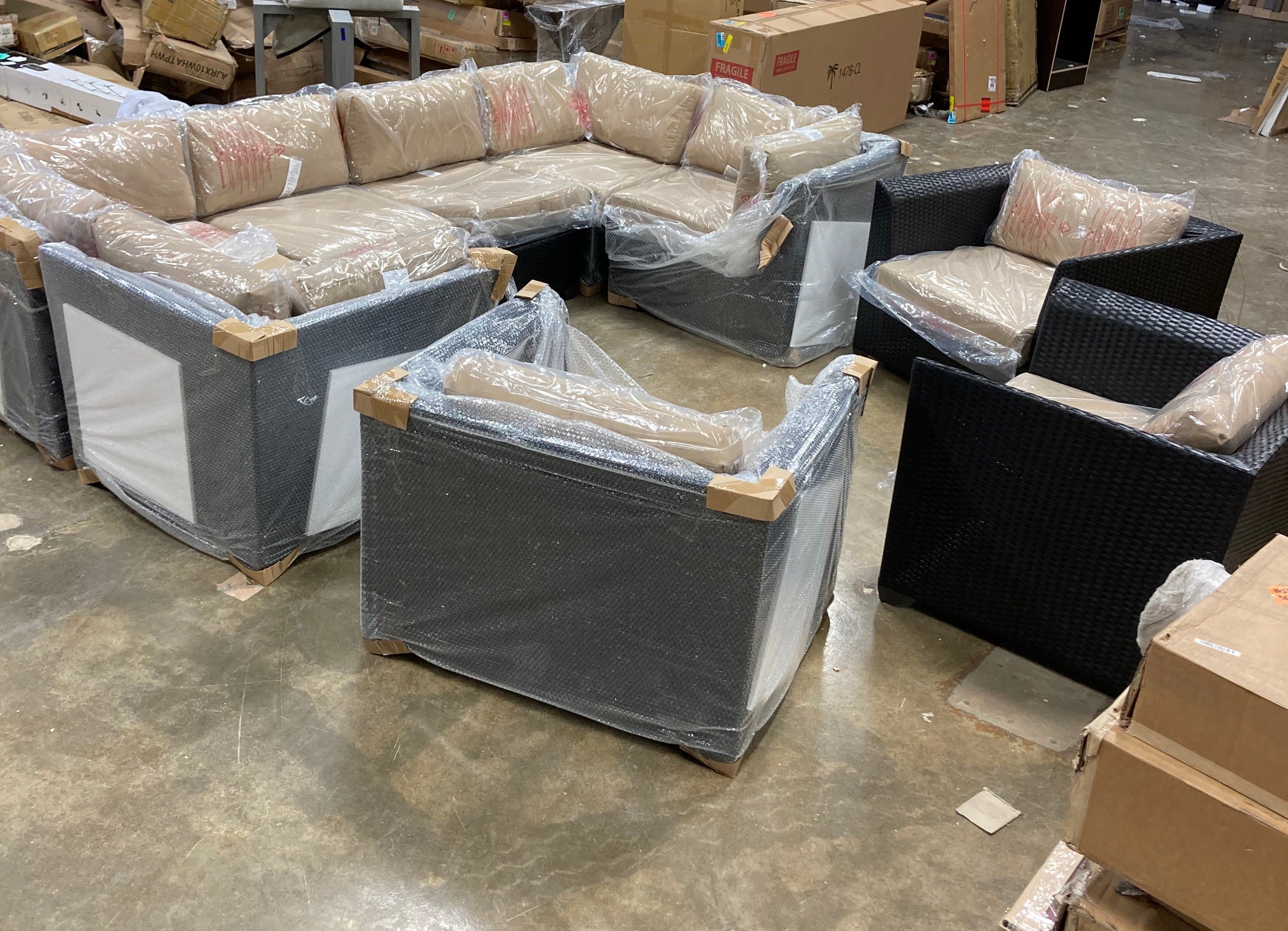 9 Piece Patio Sectional Seating Group with Club Chairs, Mocha/Tan - OP003 (9 PIECES + 24 CUSHIONS)