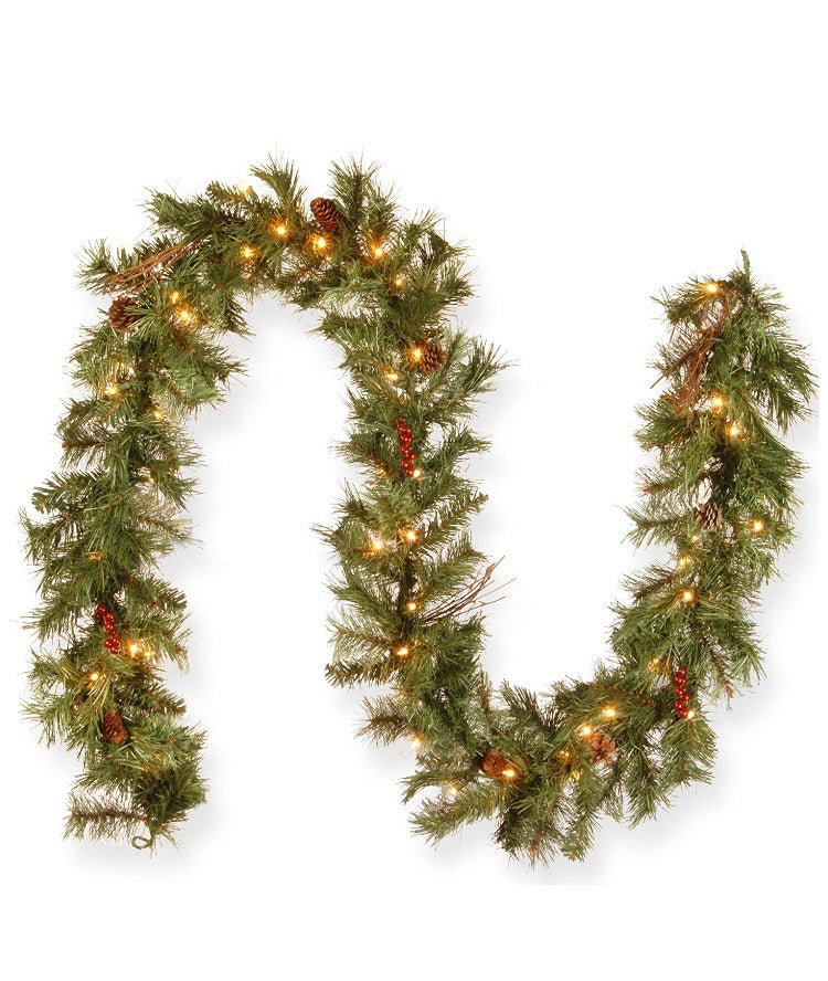 9' Glistening Pine Garland with Berries, Cones, Twigs and 50 Clear Lights CG1757