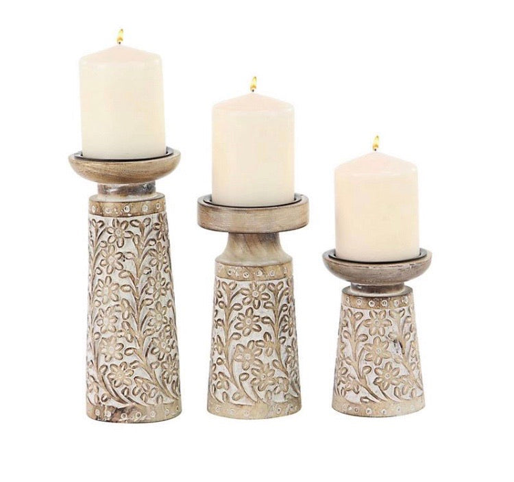 3 Piece Carved Floral Iron and Wood Candlestick Set CG634