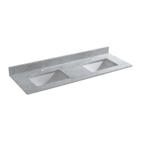 Basildon 61 in. W x 22 in. D Double Basin Carrara Marble Vanity Top in Carrara White with White Vitreous China Basins CL828