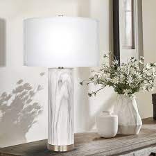 29.75" White Faux Marble Cylinder Table Lamp (AS-IS)  CYB752