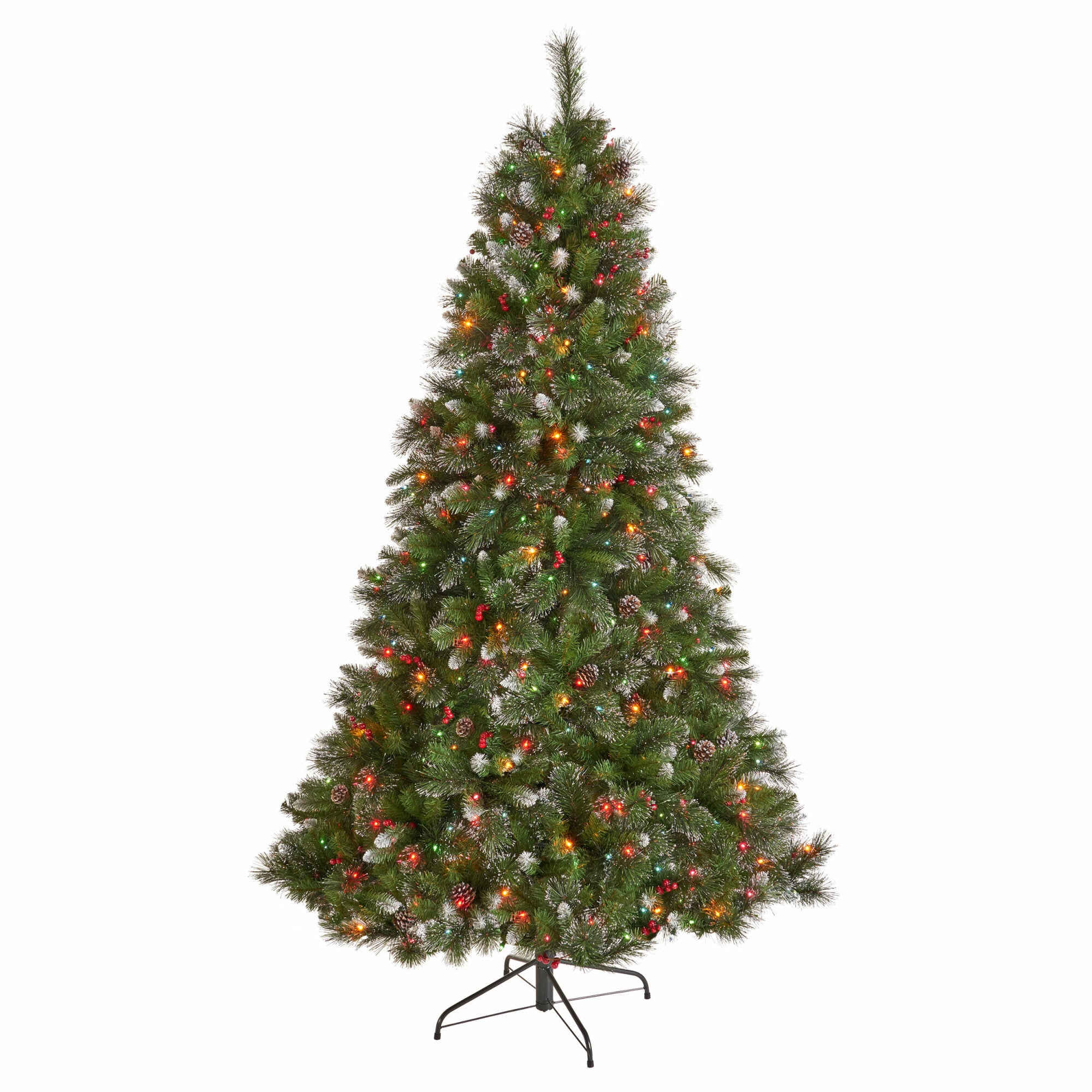 7-foot Mixed Spruce Pre-Lit Multi-Colored String Light Hinged Artificial Christmas Tree with Glitter Branches, Red Berries, and Pinecones