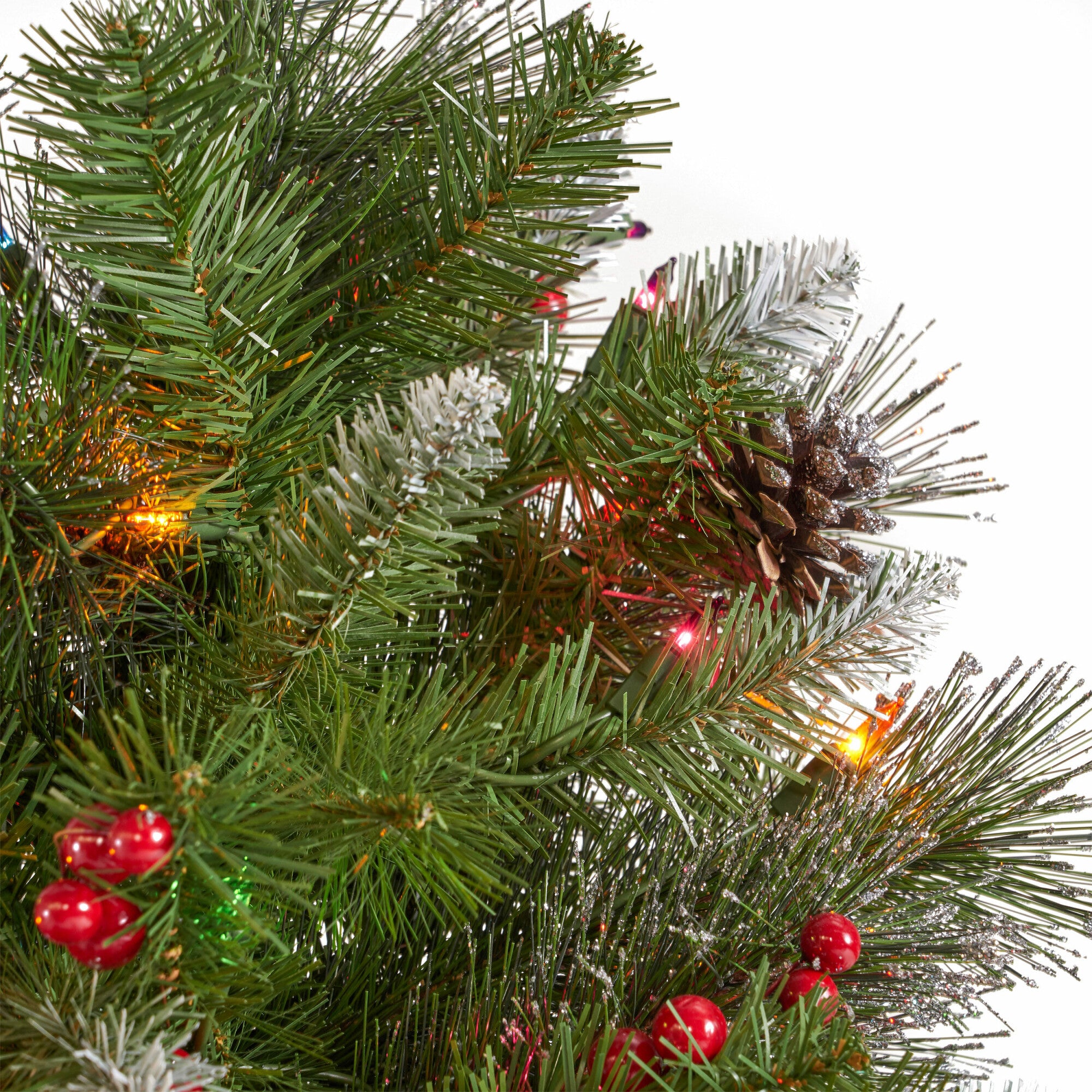 7-foot Mixed Spruce Pre-Lit Multi-Colored String Light Hinged Artificial Christmas Tree with Glitter Branches, Red Berries, and Pinecones