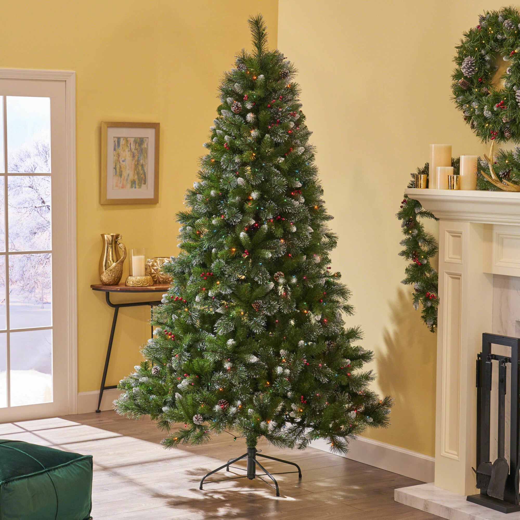 7-foot Mixed Spruce Pre-Lit Multi-Colored String Light Hinged Artificial Christmas Tree with Glitter Branches, Red Berries, and Pinecones