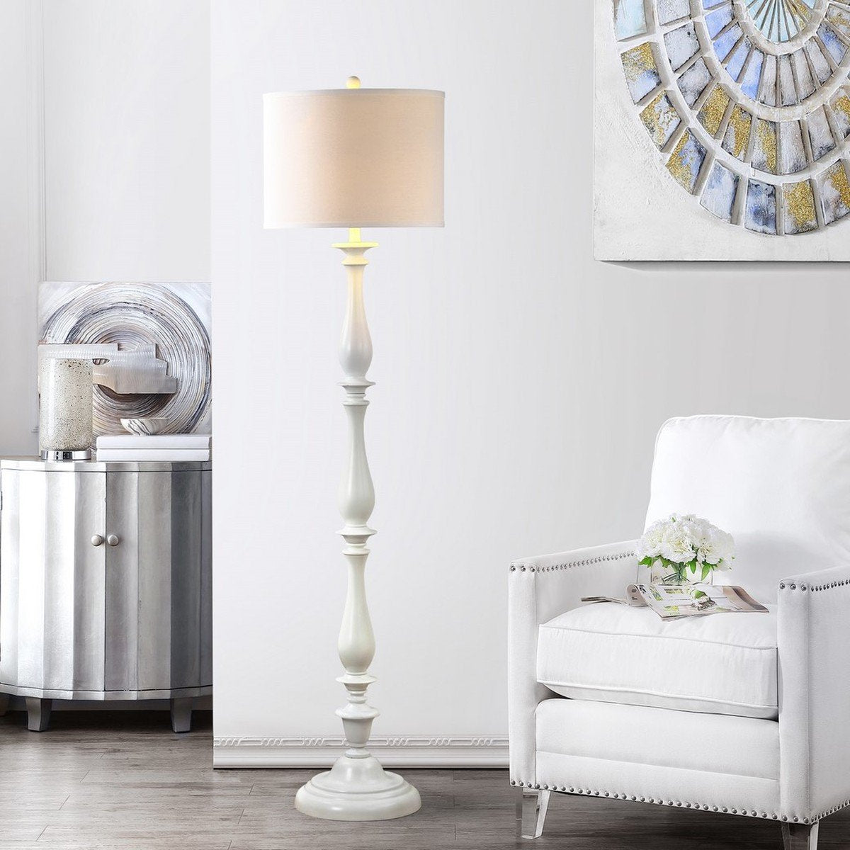 Bessie 62 in. White Candlestick Floor Lamp with Off-White Shade LX4691