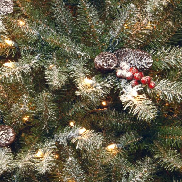 7.5' Dunhill Fir Artificial Christmas Tree with Snow, Red Berries, Cones and 750 Clear Lights (#K6674)