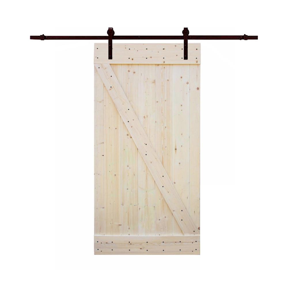 42 in.x84 in. Z Bar DIY 1-Panel Unfinished Natural Wood Sliding Barn Door w/ 8' Sliding Door Hardware Kit #HA310