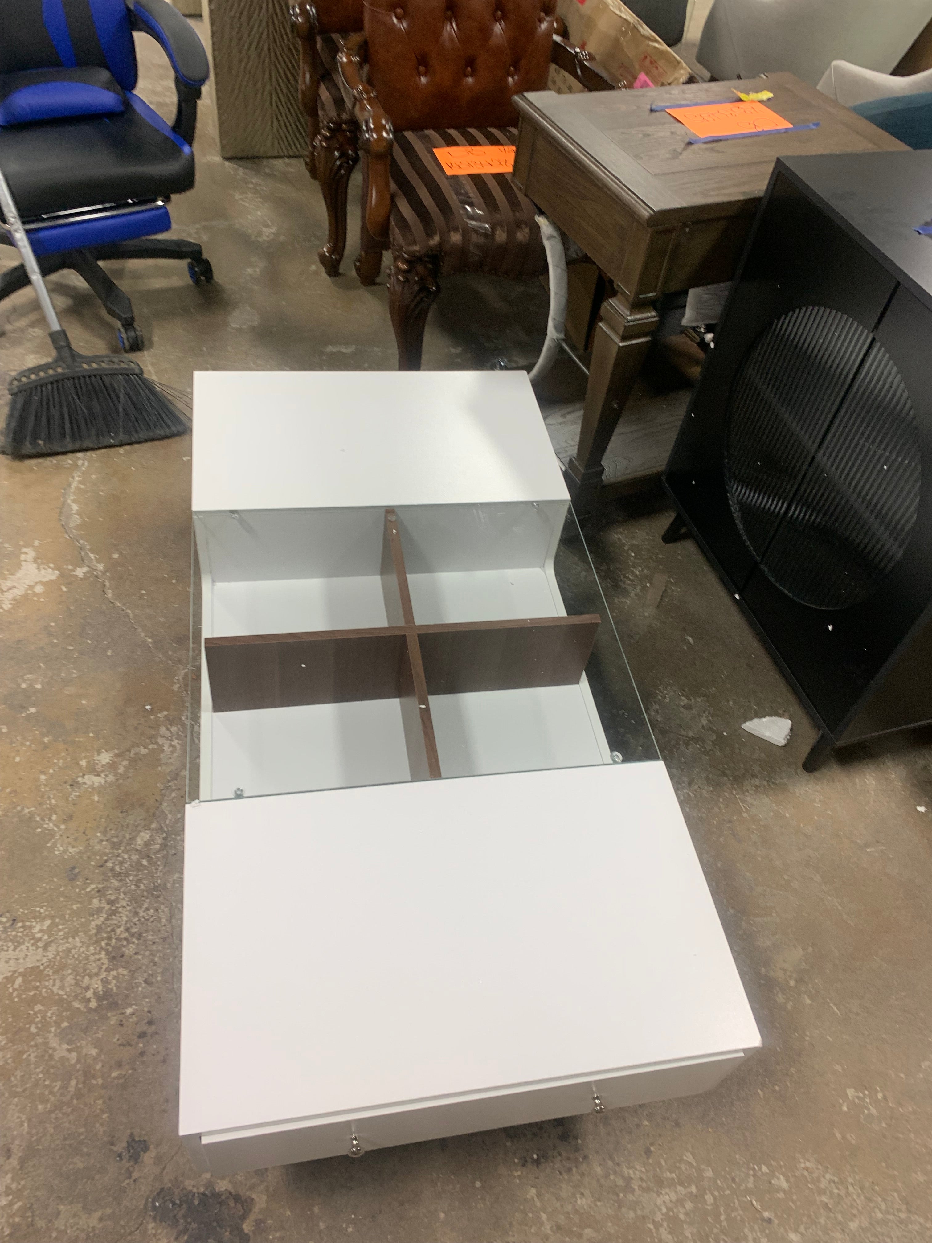 White/Walnut Madilynn Trestle Coffee Table with Storage