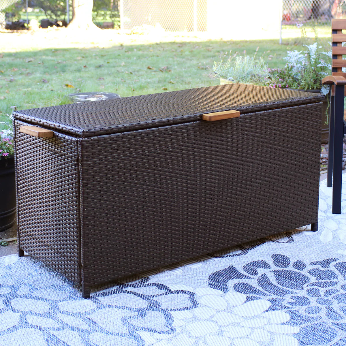 Sunnydaze Indoor/Outdoor Resin Rattan Deck Box 75Gallon, Brown