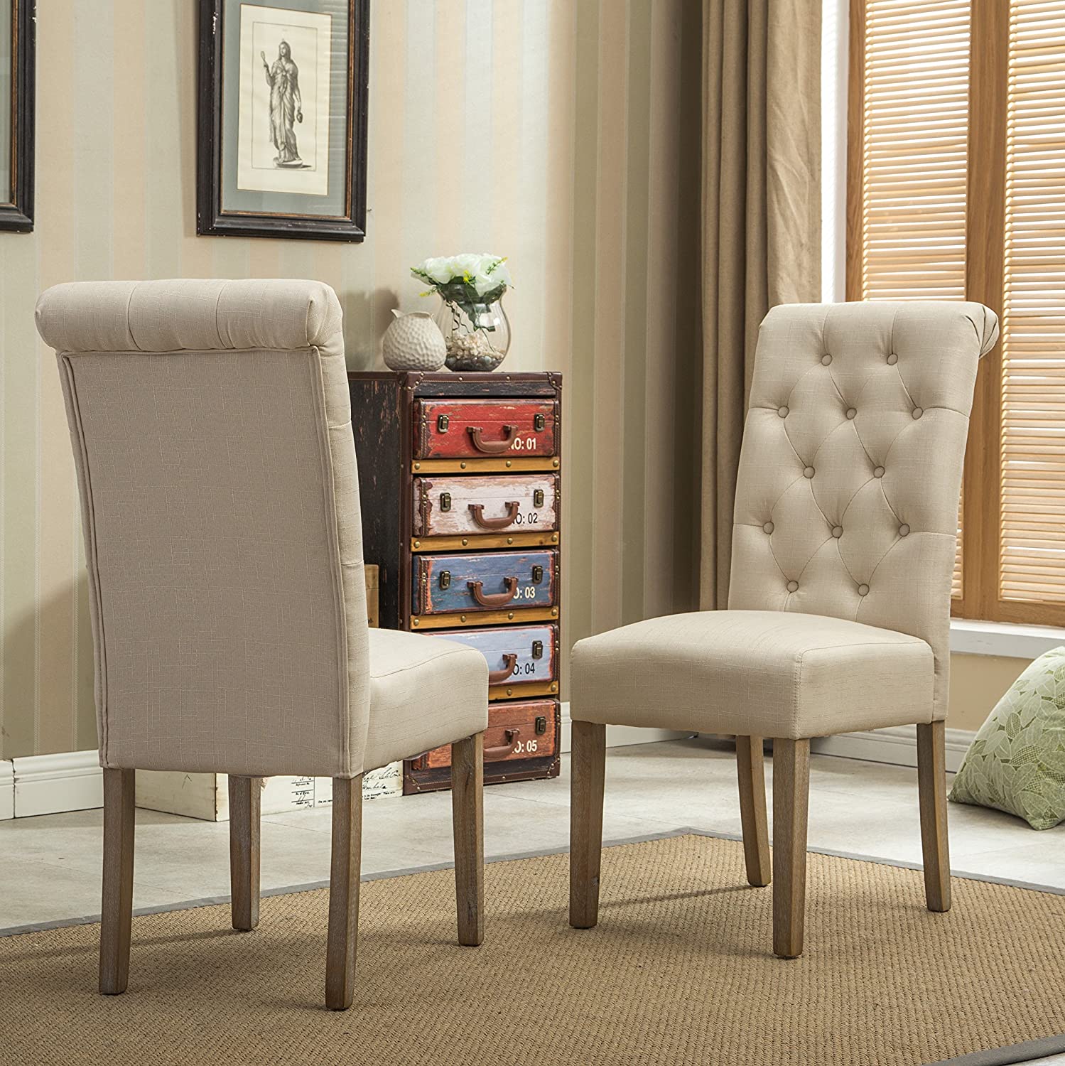 Roundhill Furniture Urban Style Light Brown Dining Table & Six Tan Dining Chairs  #SA1079