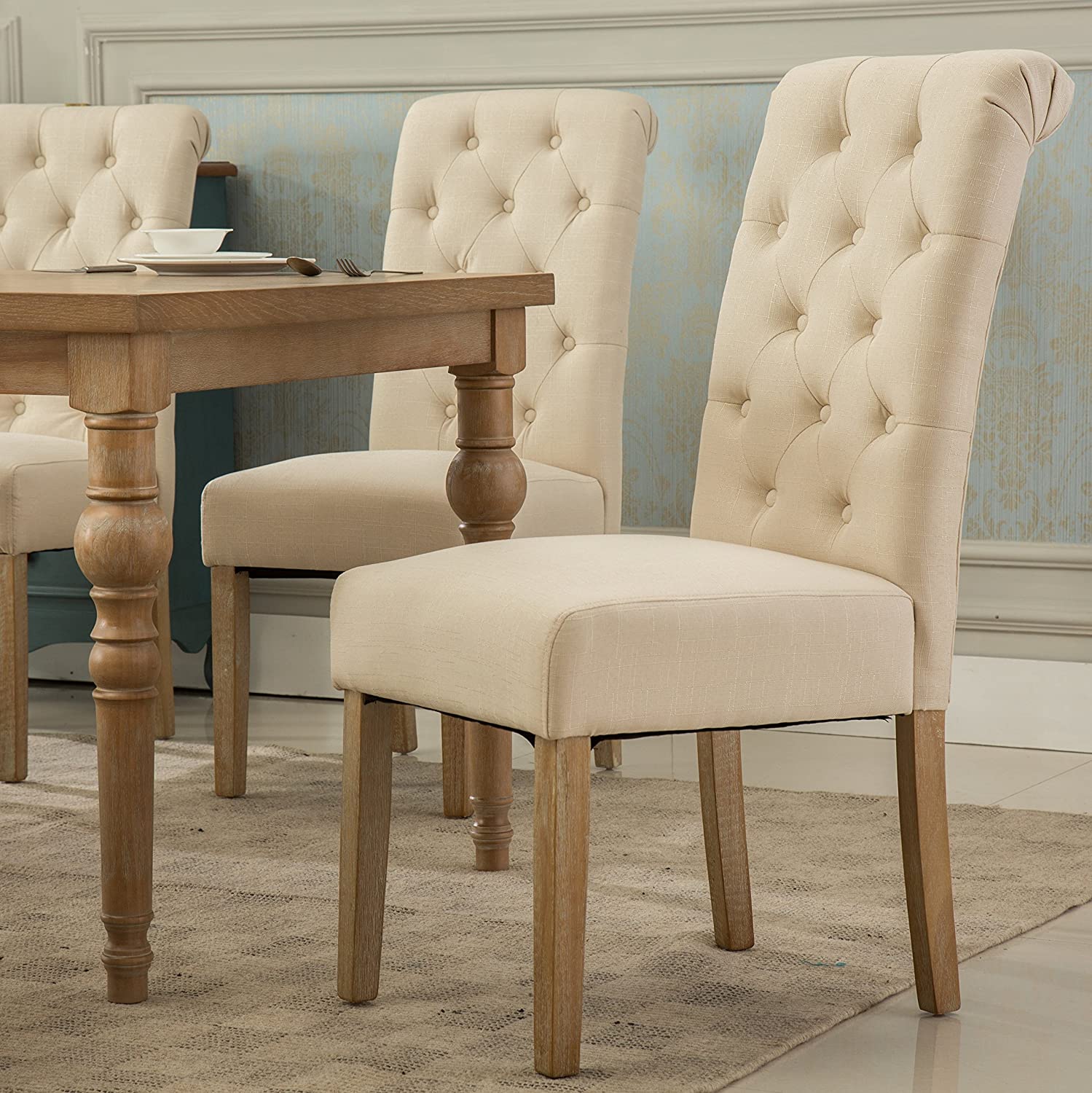 Roundhill Furniture Urban Style Light Brown Dining Table & Six Tan Dining Chairs  #SA1079