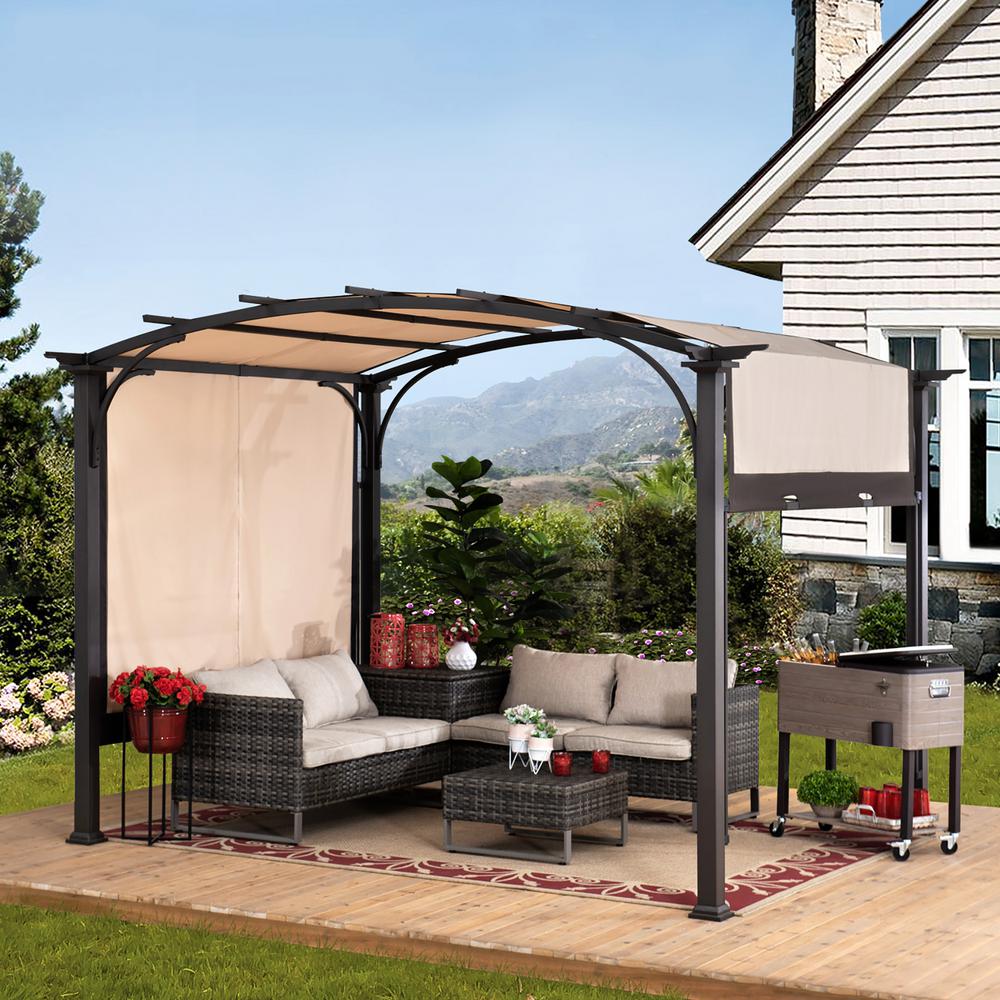 Sherman Oaks 10' x 8' Brown Steel Arched Pergola with 2-Tone Adjustable Shade  #SA1084