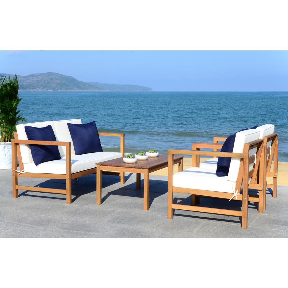 Montez Natural Brown 4-Piece Wood Patio Conversation Set with White Cushions  #SA1119