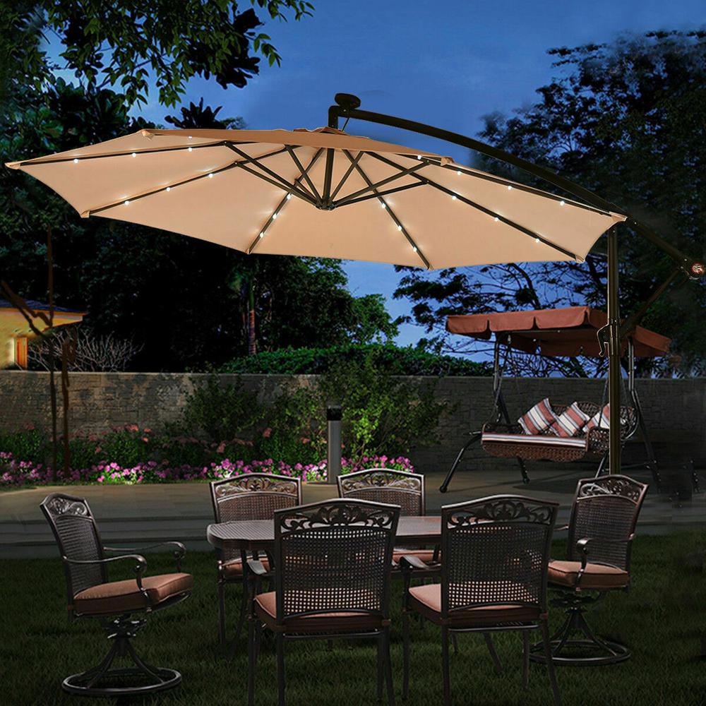 10' Steel Market Hanging Solar LED Beige Patio Umbrella  #SA1276