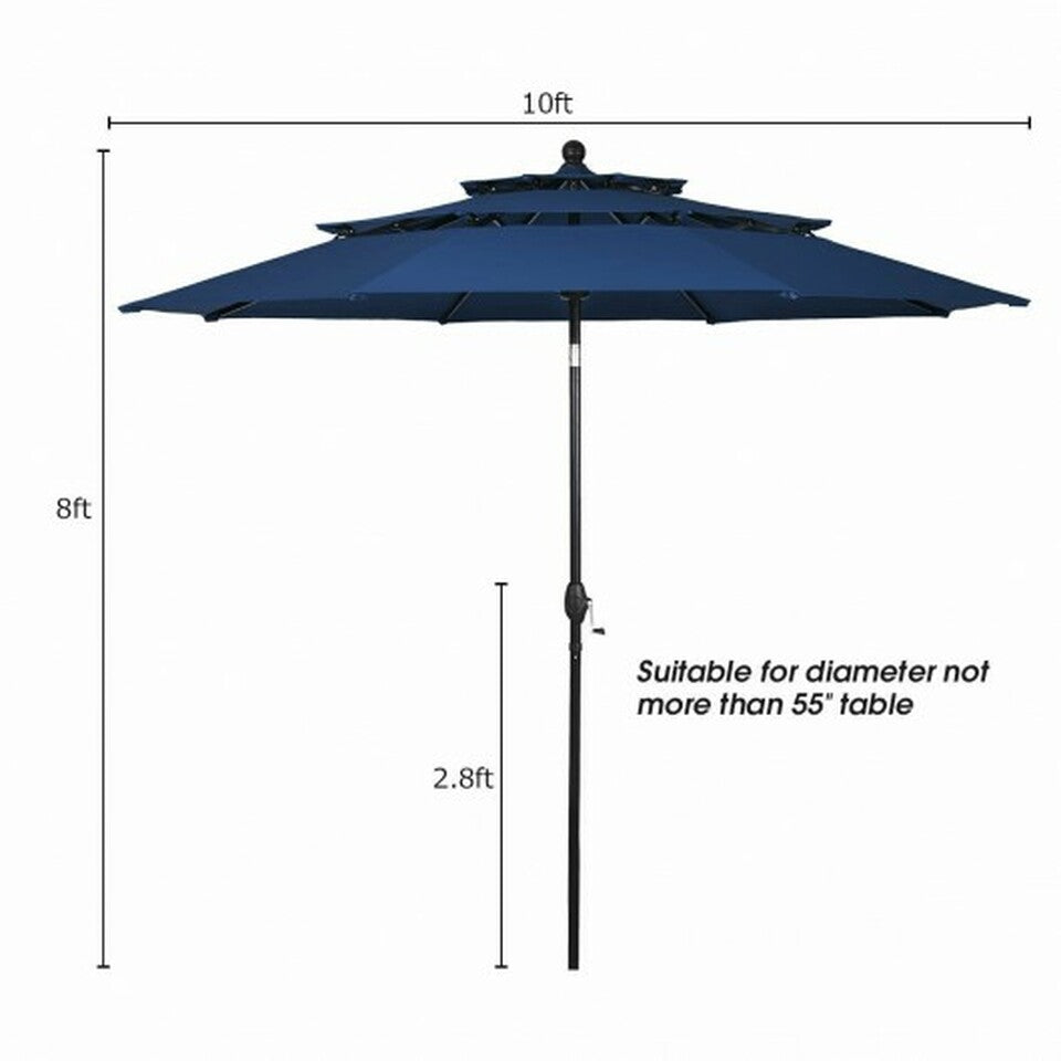 10' 3 Tier Patio Umbrella Aluminum Sunshade Shelter Double Vented Without Base-Navy OP3928NY KB2532-A4-B4-P2