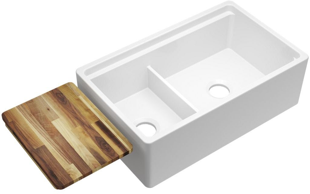 White 33" L x 20" W Double Basin Farmhouse/Apron Kitchen Sink with Cutting Board, White (#K6345)