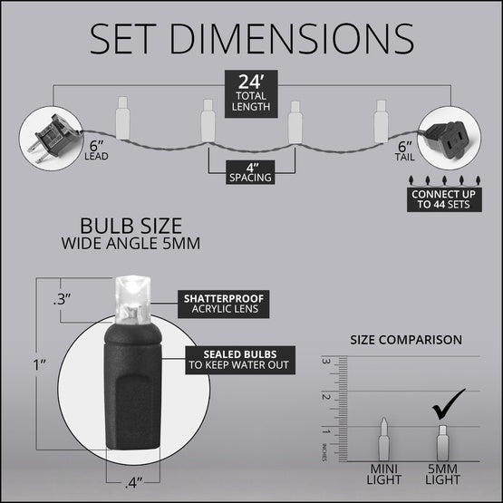 70 5mm Warm White LED Christmas Lights, 4" Spacing, Black Wire (SET OF 2) B76-KS257