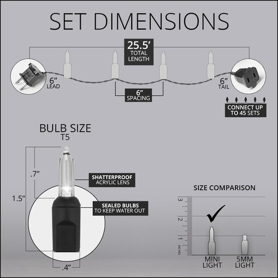 50 T5 Cool White LED Christmas Tree Lights, 6" Spacing, White Wire (Set of 2)
